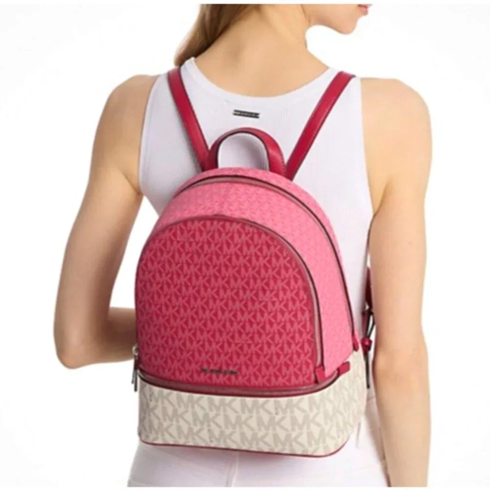 New Michael Kors Rhea Medium Colorblock Signature Logo Backpack Dark Raspberry - Picture 2 of 5